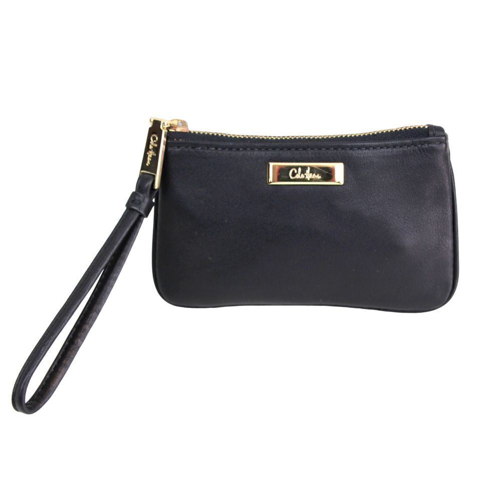 COLE HAAN BLACK GENUINE LEATHER ZIP TOP SMALL PURSE CLUTCH WALLET WRISTLET